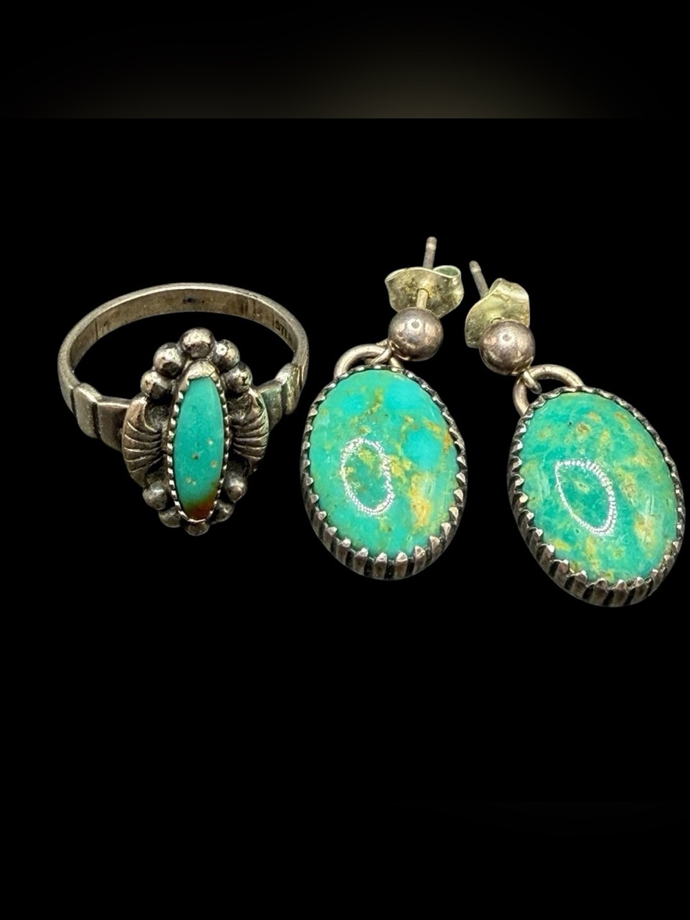Vintage Running Bear Sterling Turquoise Ring Size 5 & Drop Earrings Set
